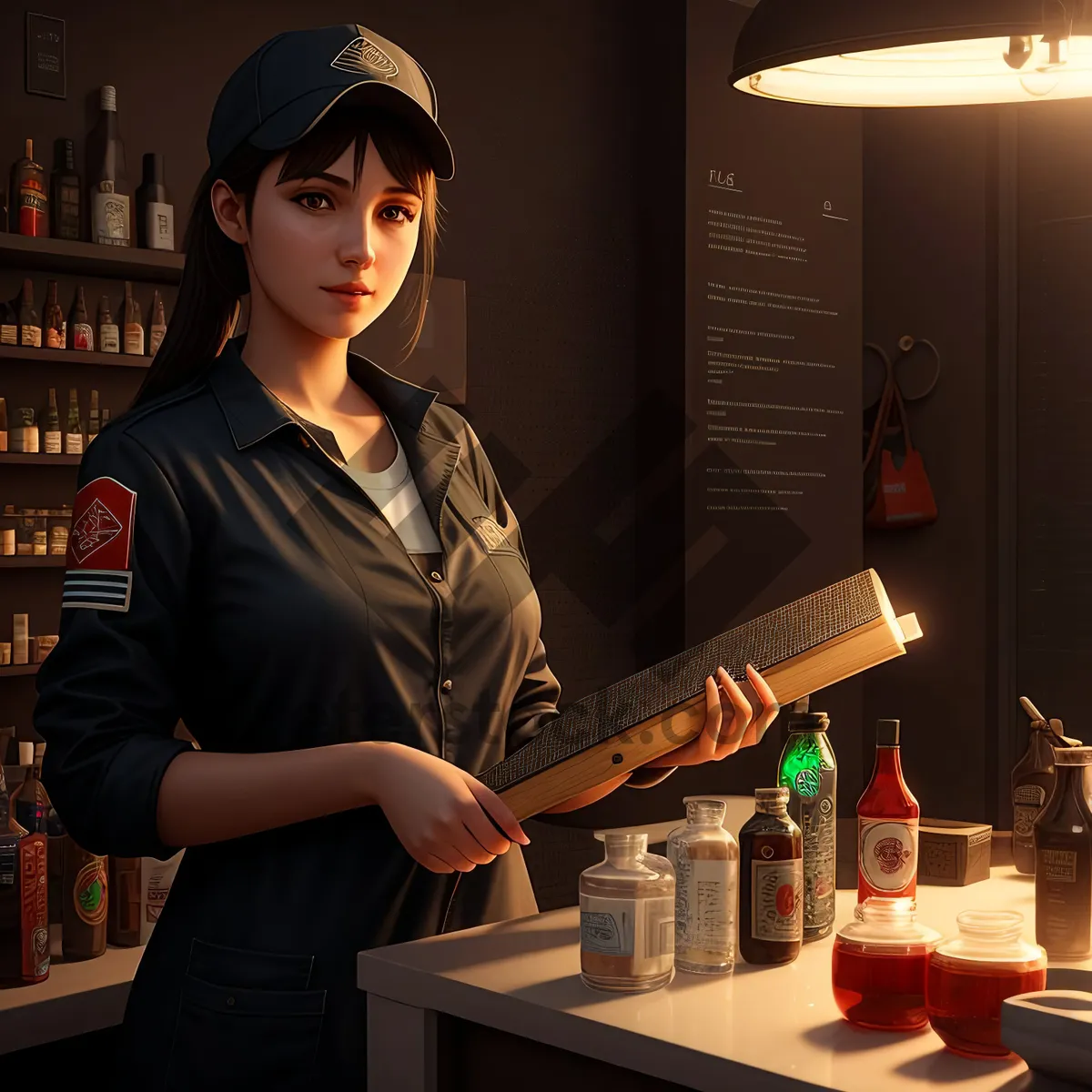 Picture of Happy Bartender at Restaurant Counter with Smiling Customers