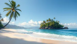 Tropical holiday paradise with beach, palm trees, and ocean