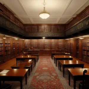 Modern classroom interior with table and chair arrangements.