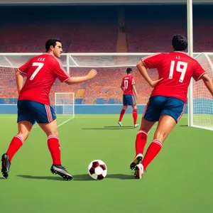 Excited men playing soccer in a stadium match.