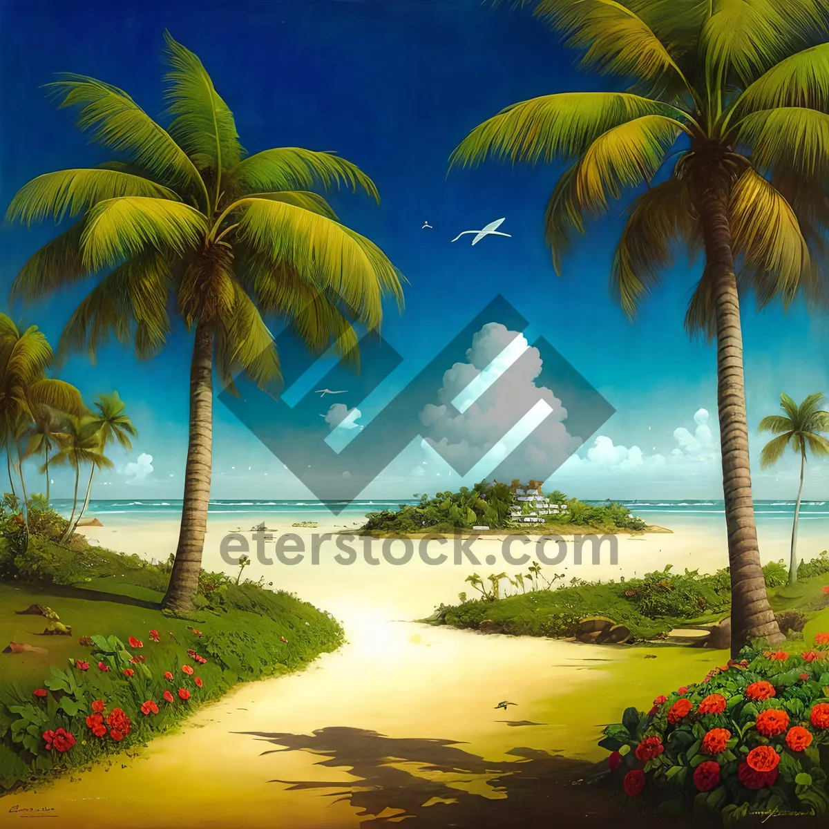 Picture of Tropical beach relaxation under palm tree by the sea