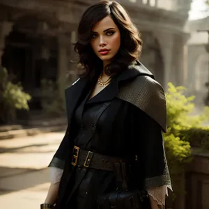 Smiling Brunette Fashion Model in Leather Coat