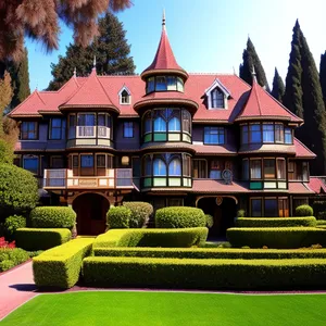 Stately Manor overlooking verdant landscapes and azure skies.