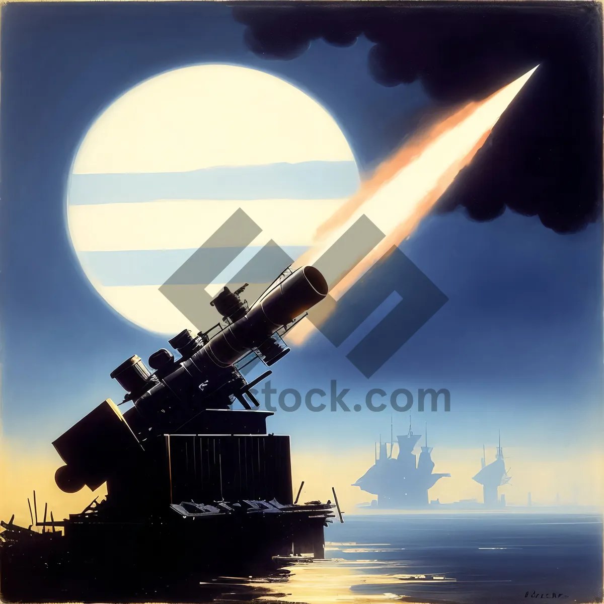 Picture of Powerful Cannon Fires at Sunset Over Water
