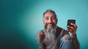 Elderly man with mustache and beard smiling portrait.