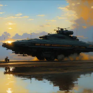 Transportation vessel sailing in the sky over water