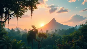 Mountain Sunset with Volcano Silhouette