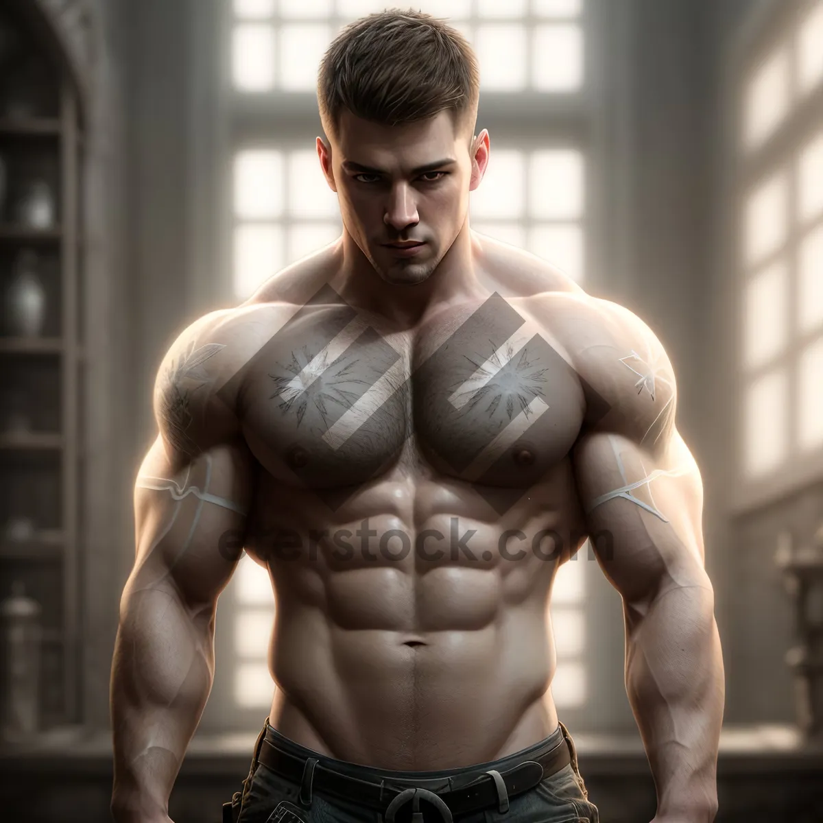 Picture of Muscular Man Flexing Biceps, Embodying Strength and Fitness