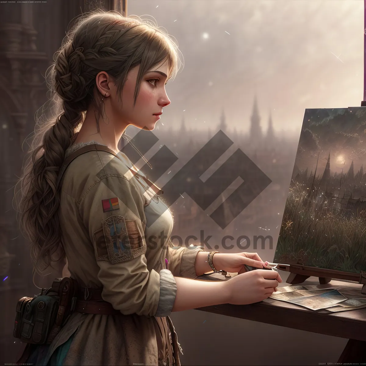 Picture of Happy businesswoman working on laptop in office.