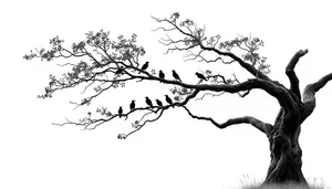 Silhouette of oak tree against sky, branch tracing.