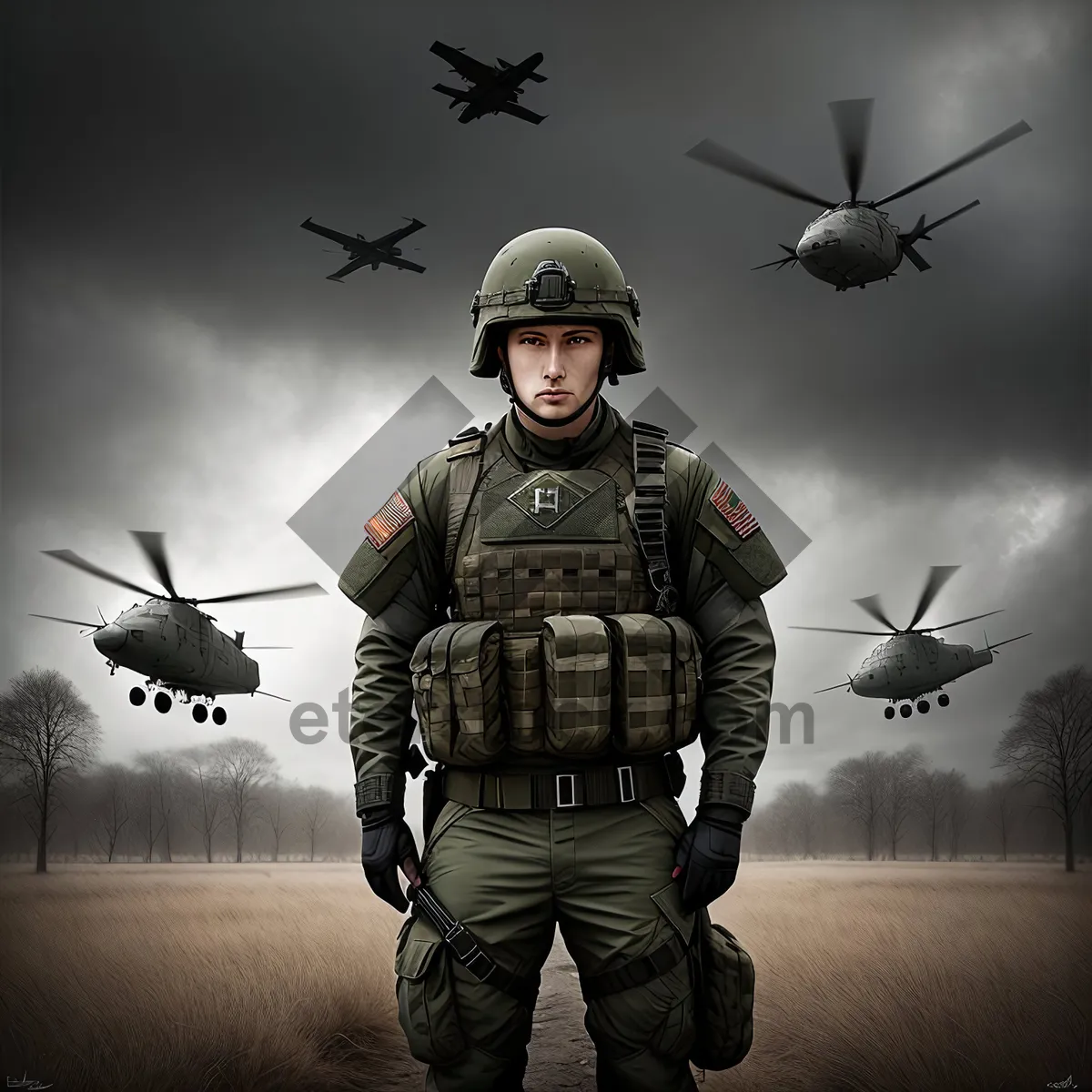 Picture of Soldier in Military Uniform with Aviator Helmet