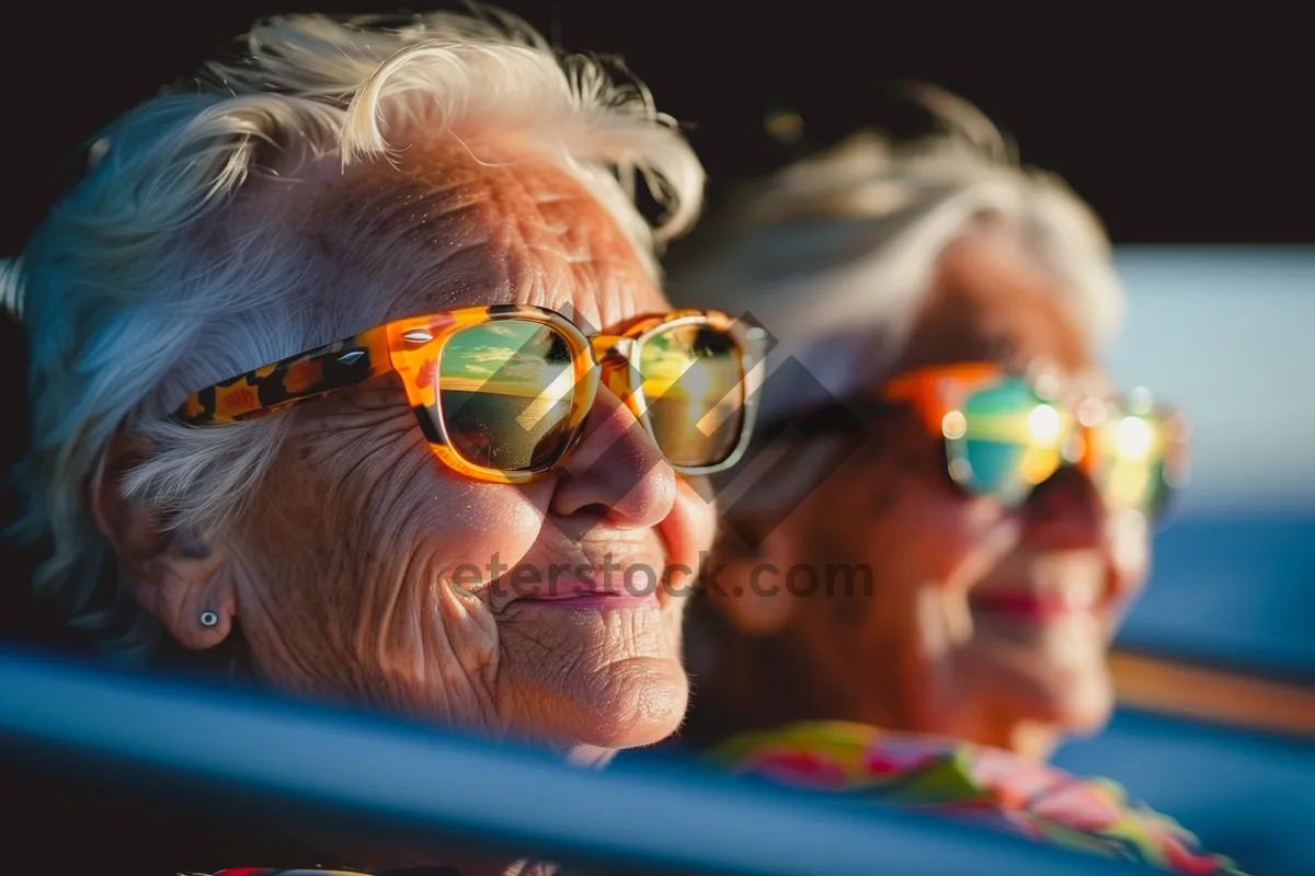 Picture of Fashion model wearing stylish sunglasses with a smile.