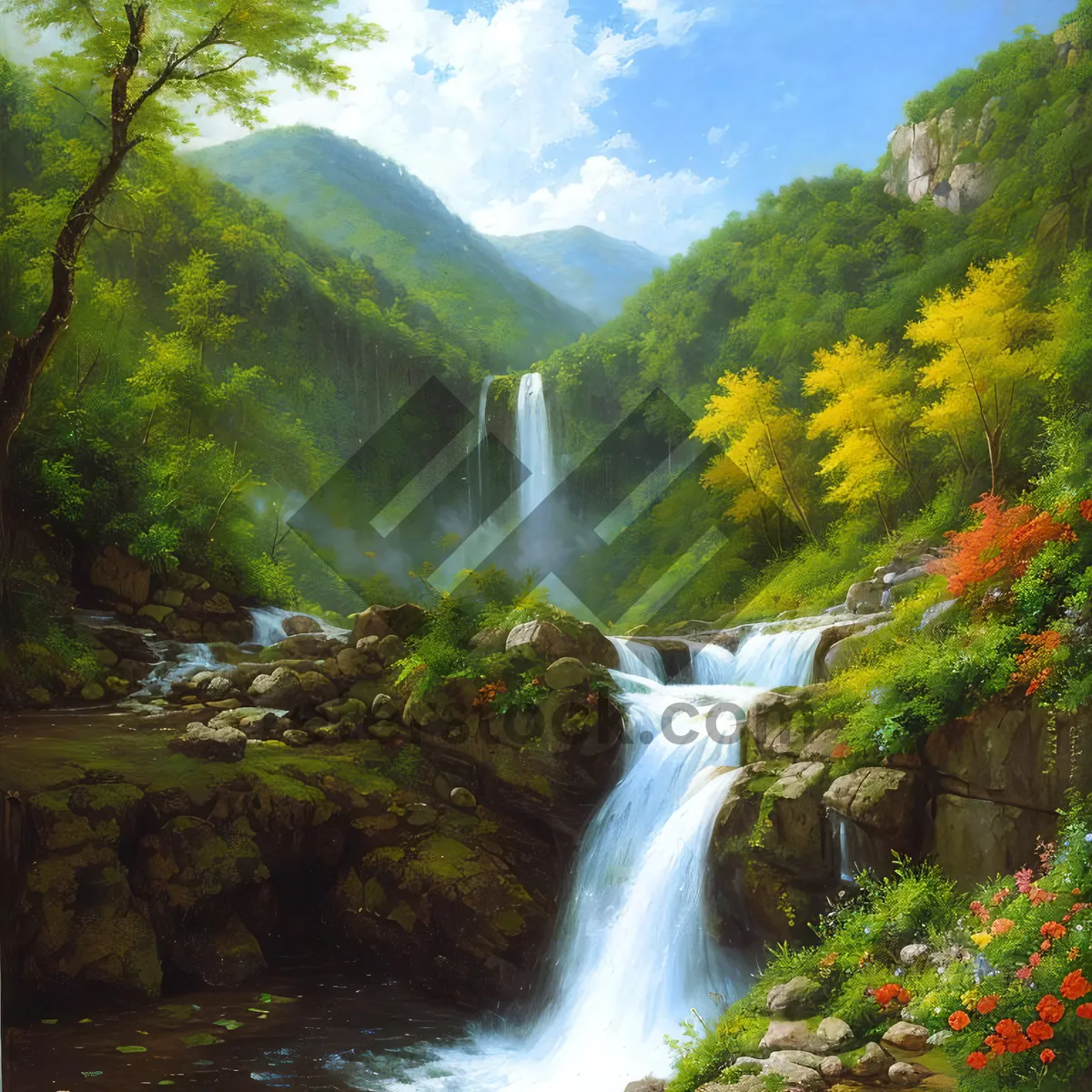 Picture of Serene Waterfall Cascade in Enchanting Forest Setting