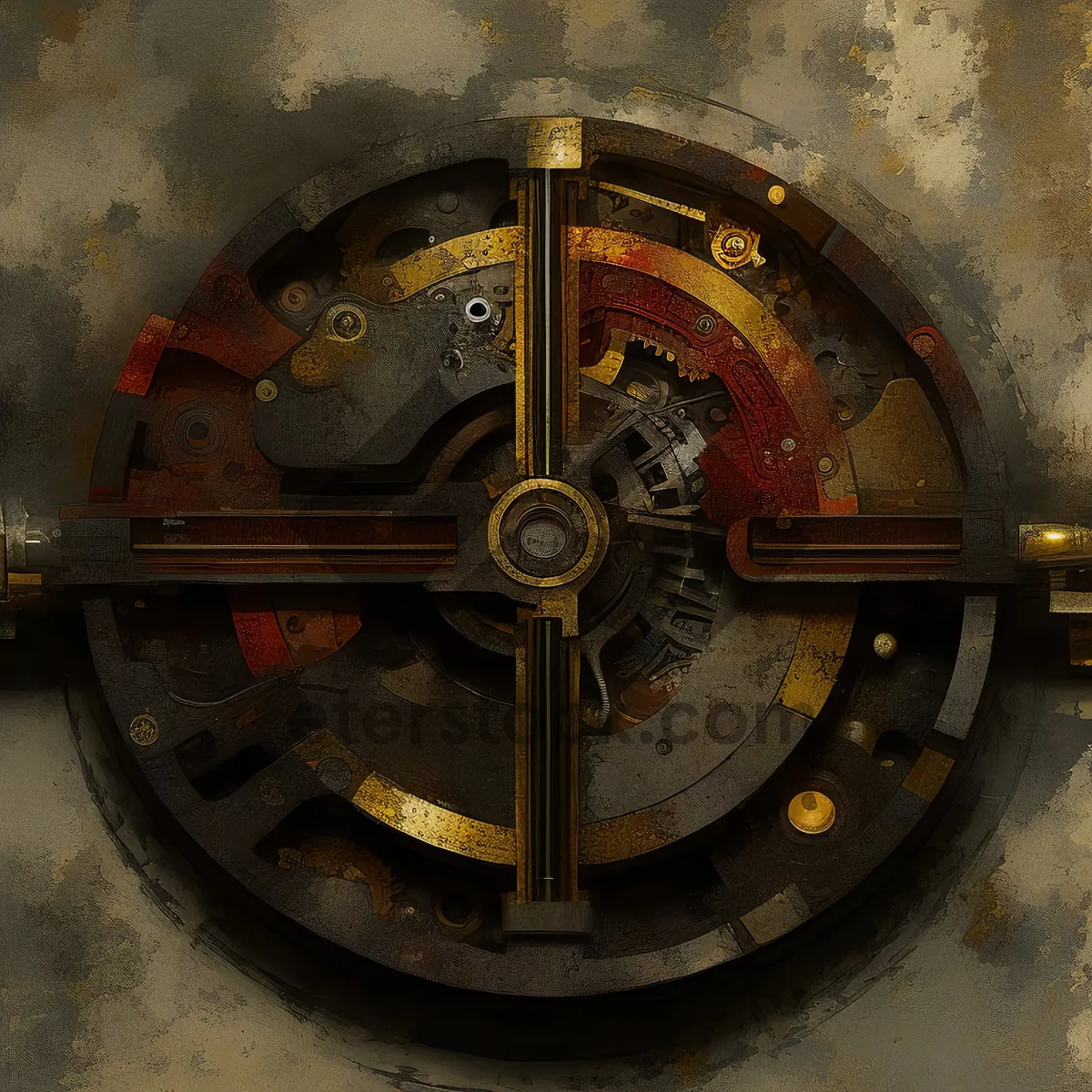 Picture of Ancient clock gear mechanism close up in steel antiquity.