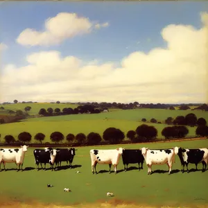 Idyllic rural landscape with cows grazing in meadow