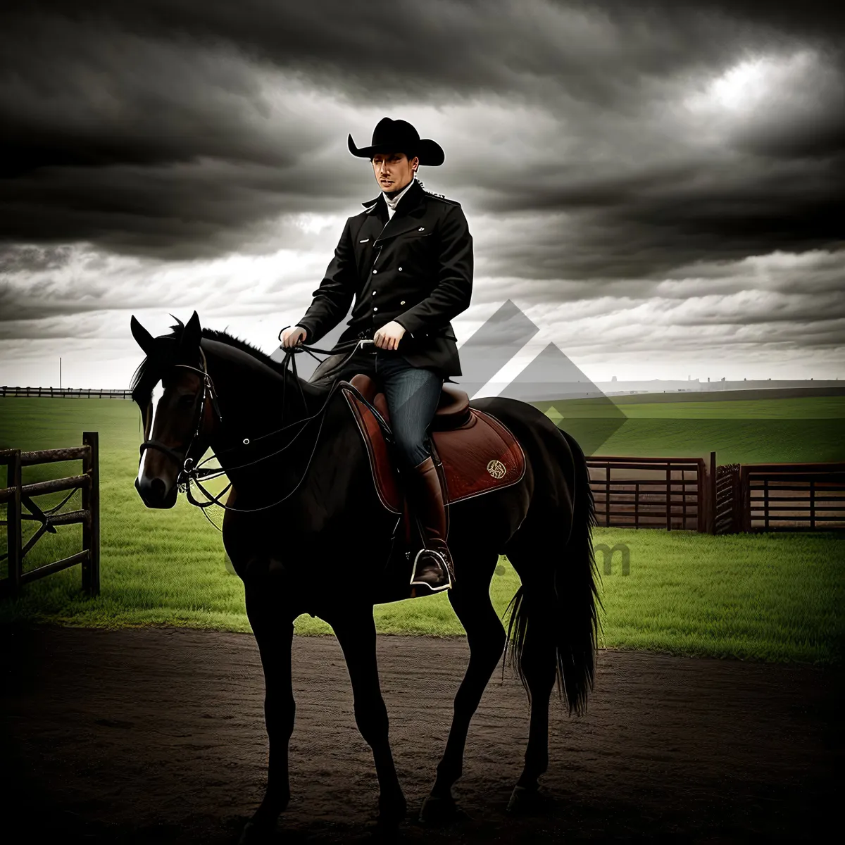 Picture of Saddle-mounted equestrian rider on majestic stallion.