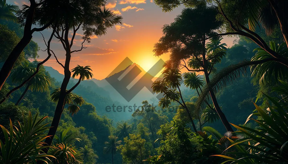 Picture of Tropical island sunset silhouette vacation paradise landscape.
