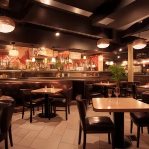 Modern design restaurant interior with wooden furniture and glass
