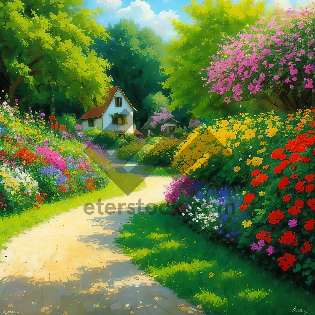 Picture of Autumn Park Path with Vibrant Flora and Trees