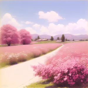 Idyllic Spring Meadow with Blooming Pink Phlox