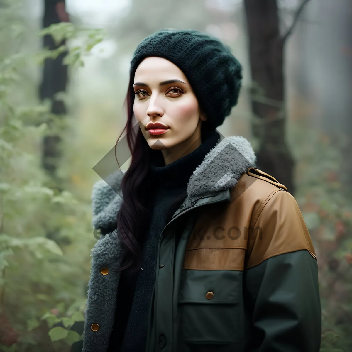 Picture of Smiling businesswoman in stylish jacket embracing happiness outdoors.