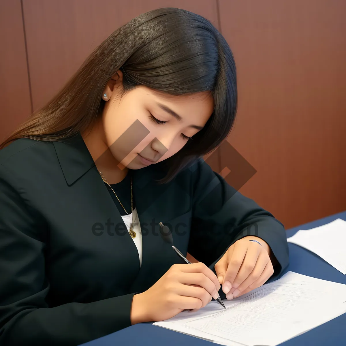 Picture of Attractive brunette businesswoman working on laptop in office
