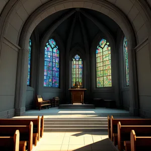 Ancient Cathedral's Majestic Stone Arch and Stained Glass Window