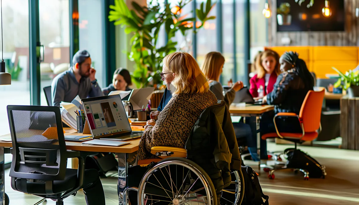 Picture of Happy adult in wheelchair seated at furniture