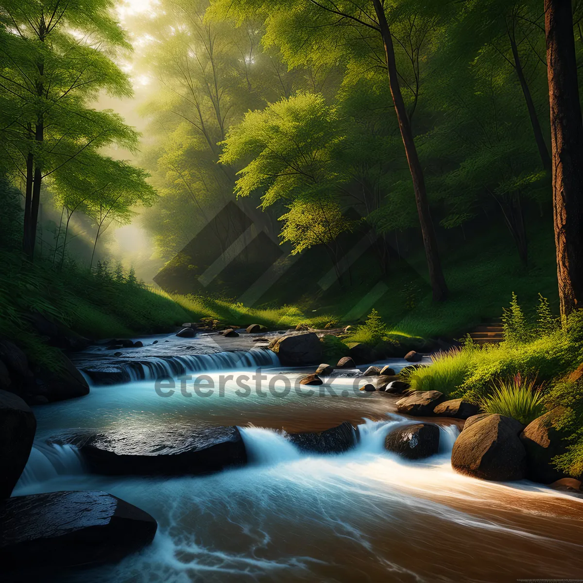 Picture of Serene River Flowing Through Lush Forest