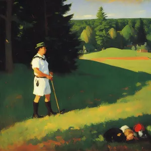 Golfer swinging club on green grass