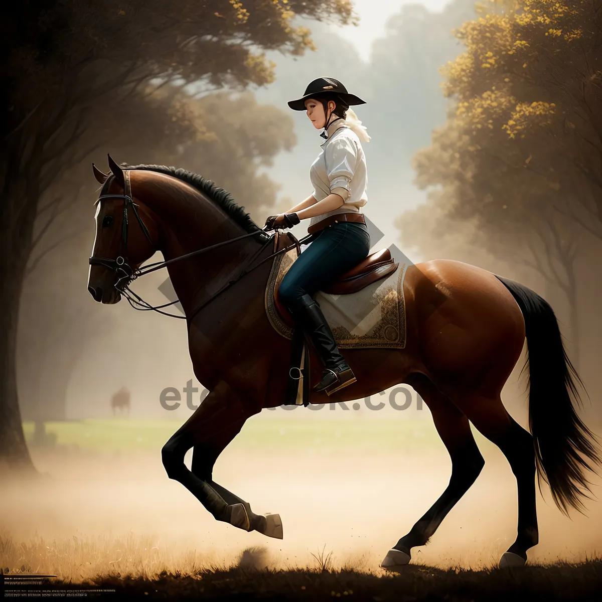 Picture of Silhouette of a Cowboy Riding a Vaulting Horse at Sunset