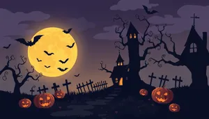 Spooky Halloween Night Silhouette with Bat and Moon