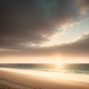 Serenity at Sunset: Tranquil Beachscape with Vibrant Sky and Ocean Waves.