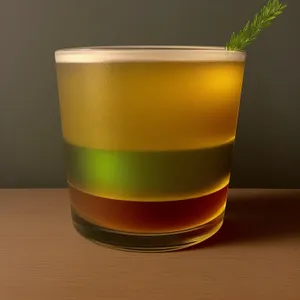 Yellow herbal tea in glass cup on bar counter.