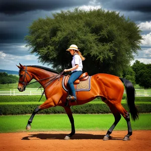 Thoroughbred horse with polo mallet in action