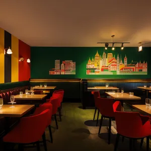 Modern restaurant interior design with comfortable chairs and wood