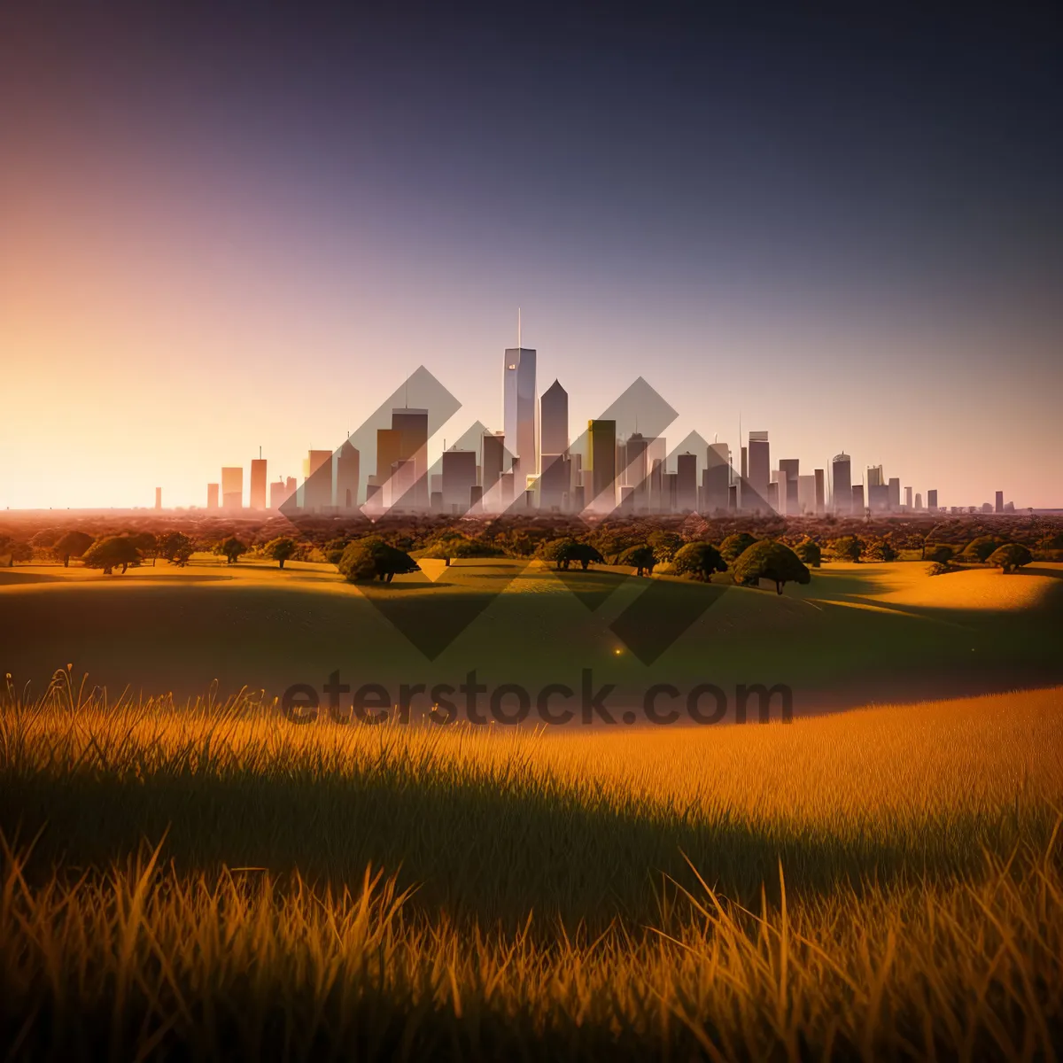Picture of Picturesque Cityscape with Glowing Tower at Sunset