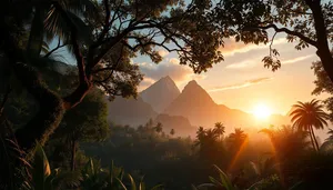 Orange Sunset Silhouette in Park with Mountain View