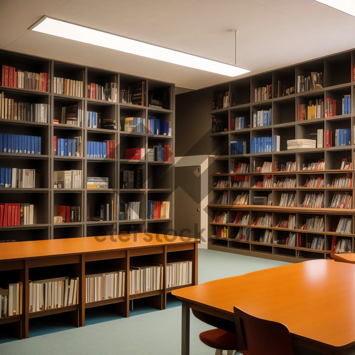 Picture of Modern library interior with bookshelves and tables