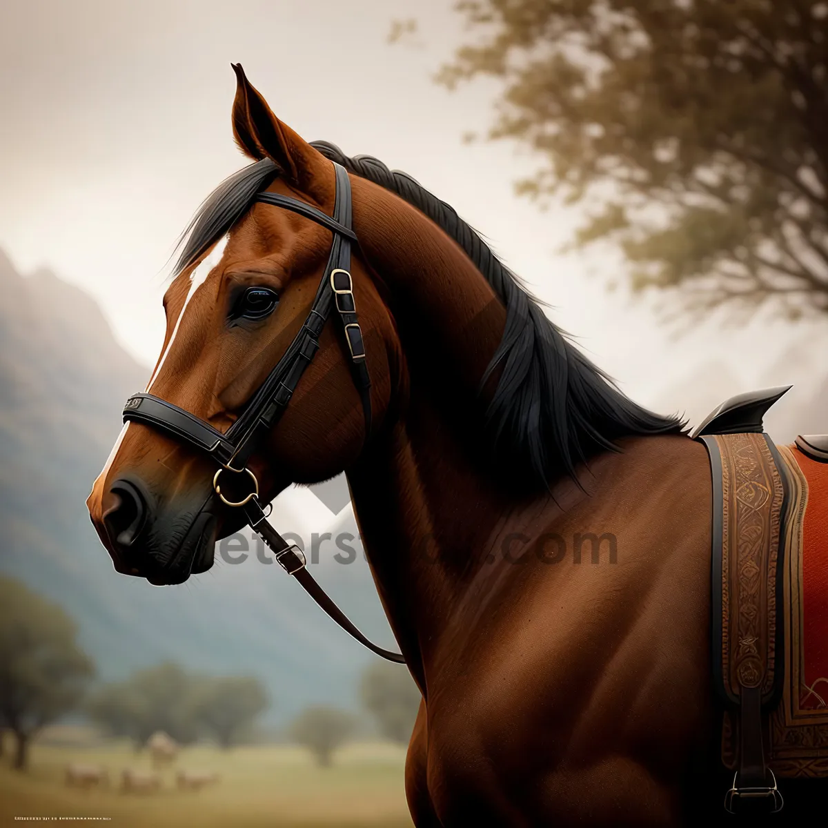 Picture of Brown Thoroughbred Horse with Halter in Meadow