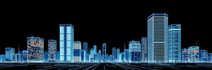 Modern skyscraper at night overlooking waterfront city scene