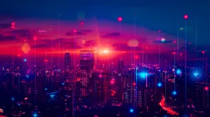 Modern city skyline with glowing lights at night