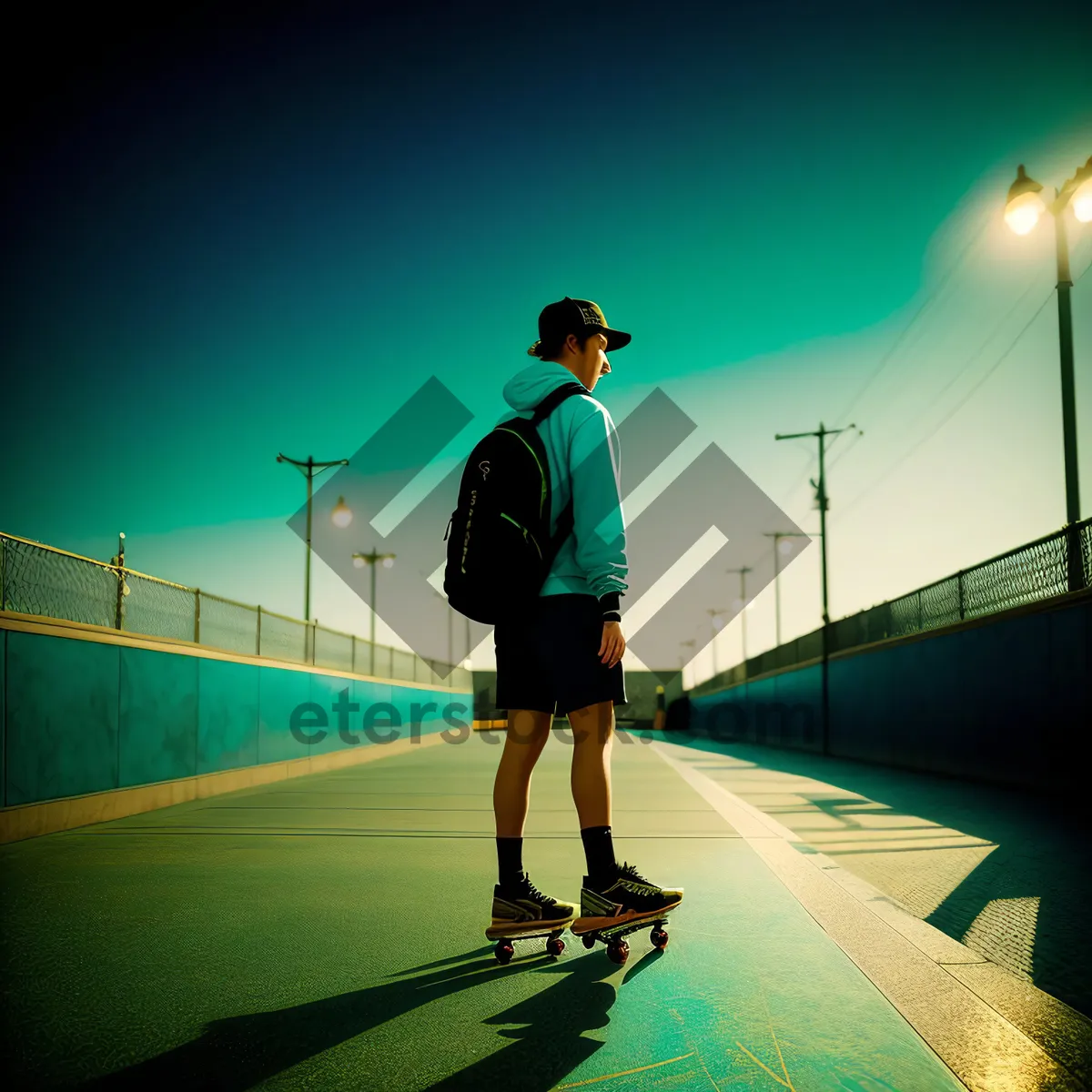 Picture of Competitive tennis player with racket in sport court.