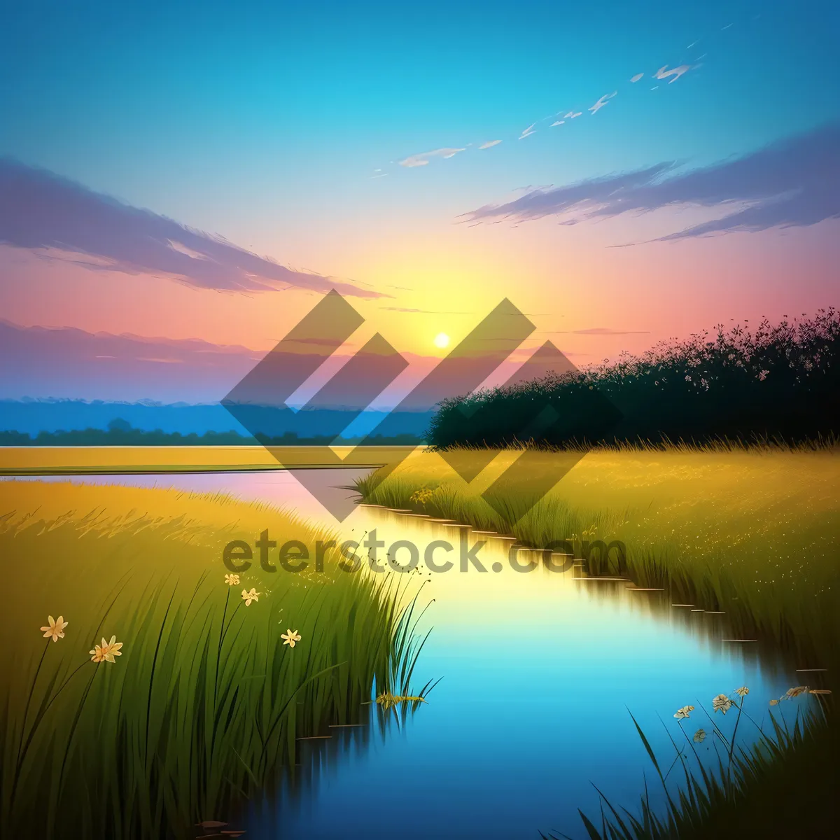 Picture of Golden Horizons: Serene Sunset Reflection over Lakeside Landscape.