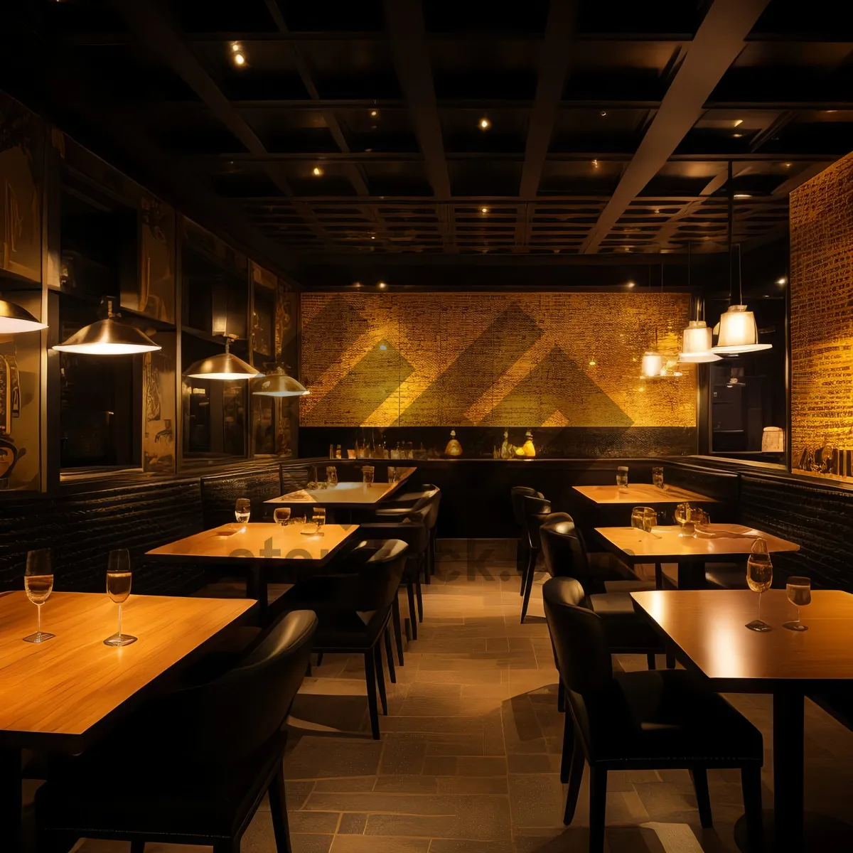 Picture of Modern restaurant interior design with wooden furniture.