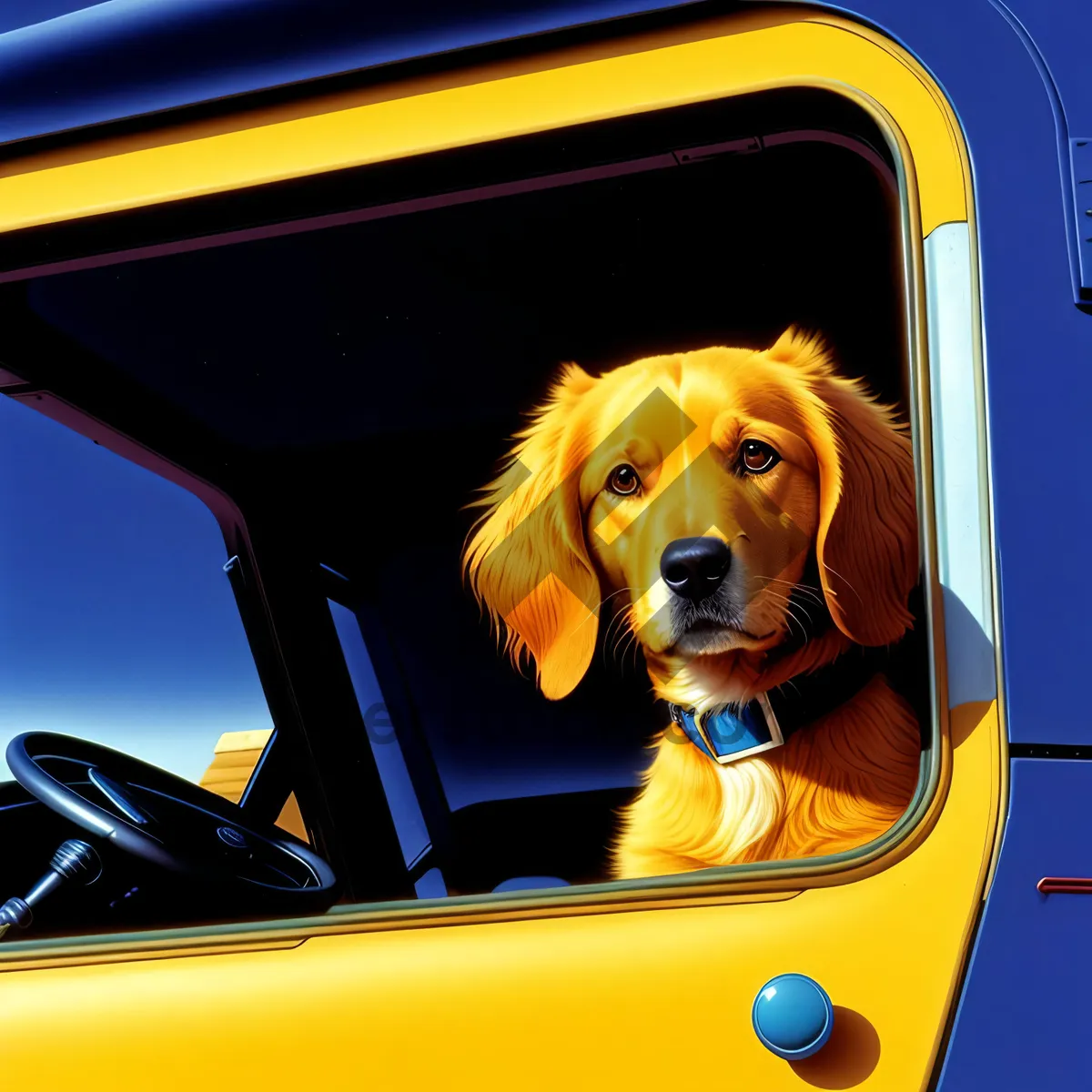 Picture of Happy Golden Retriever Puppy Sitting in Car