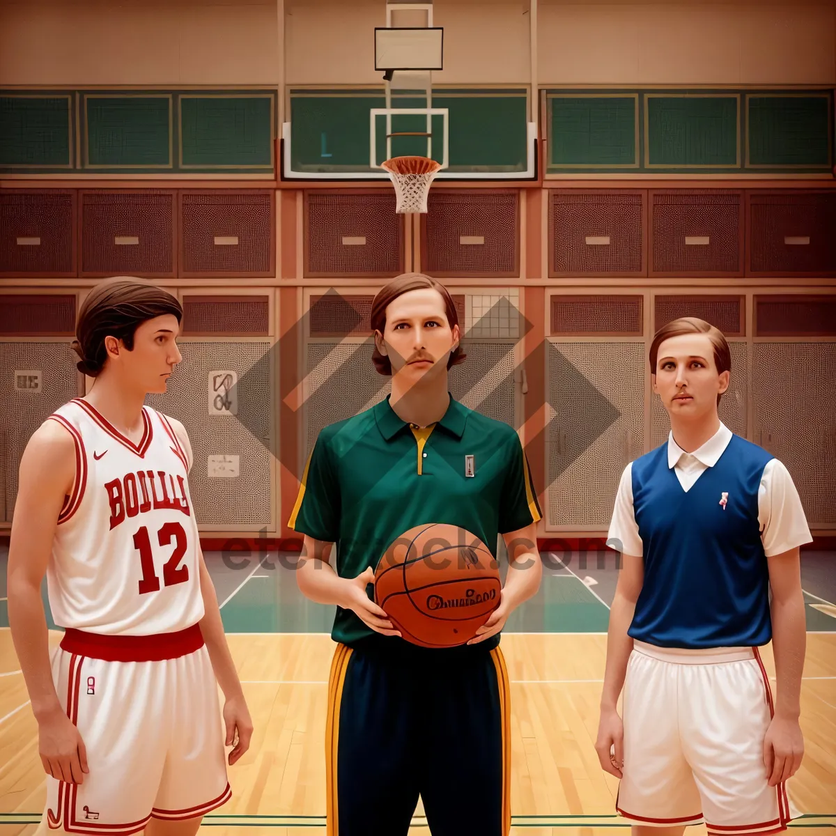 Picture of Happy male basketball player with equipment and team