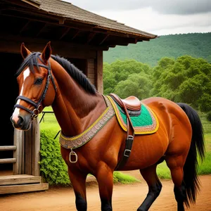 Thoroughbred Stallion in Bridle and Saddle