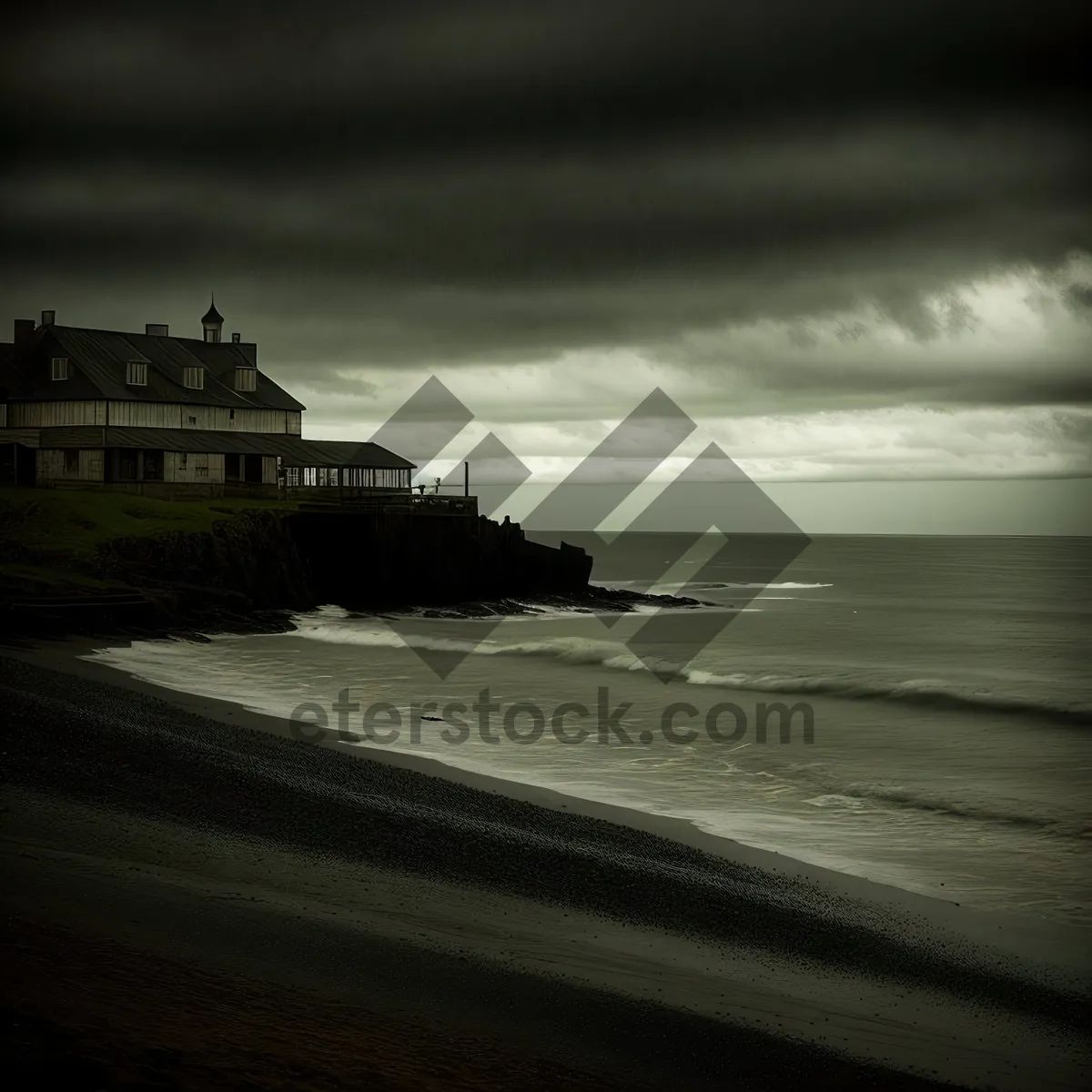 Picture of Idyllic Sunset View of Sea Shoreline with Ship