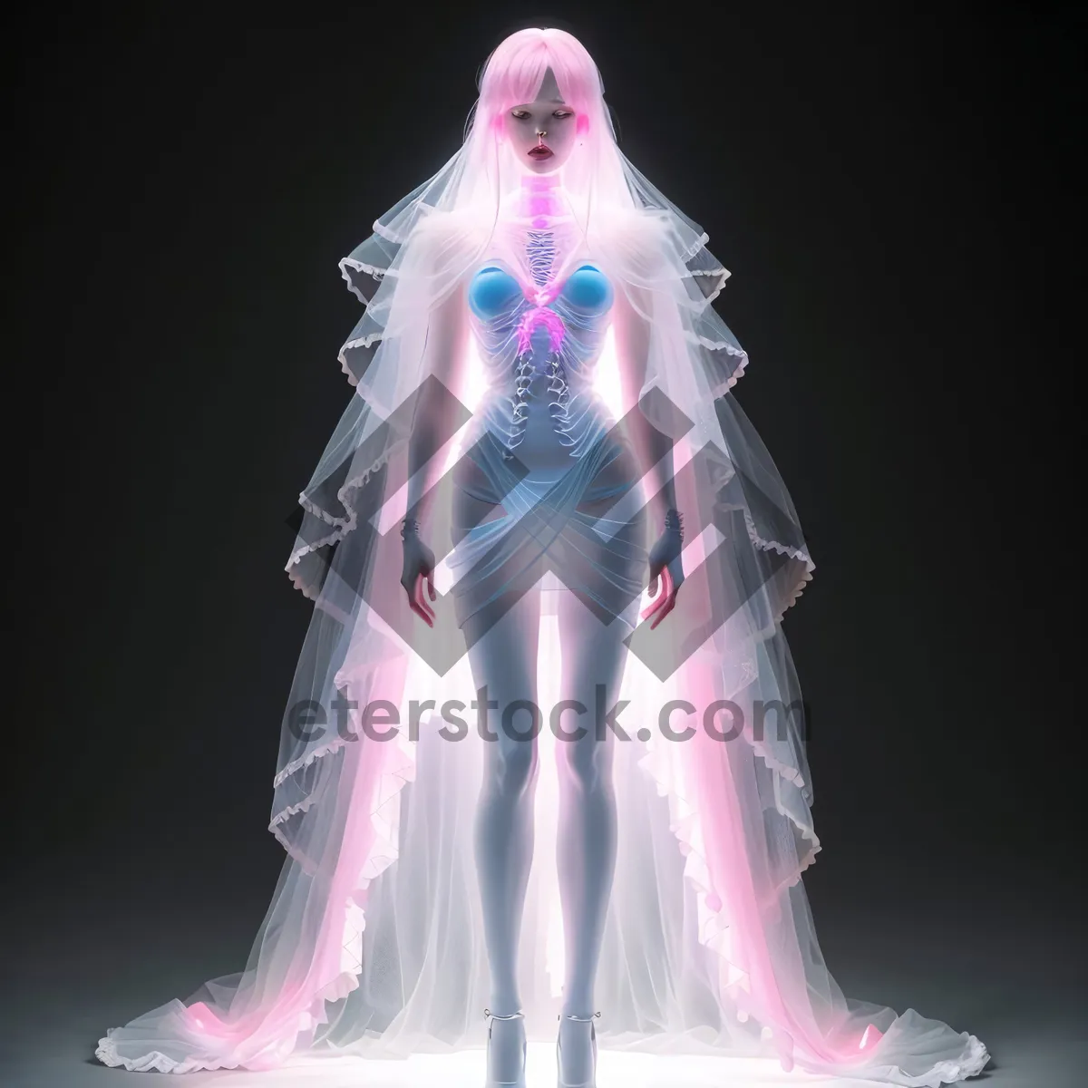 Picture of 3D transparent x-ray of human skull and spine